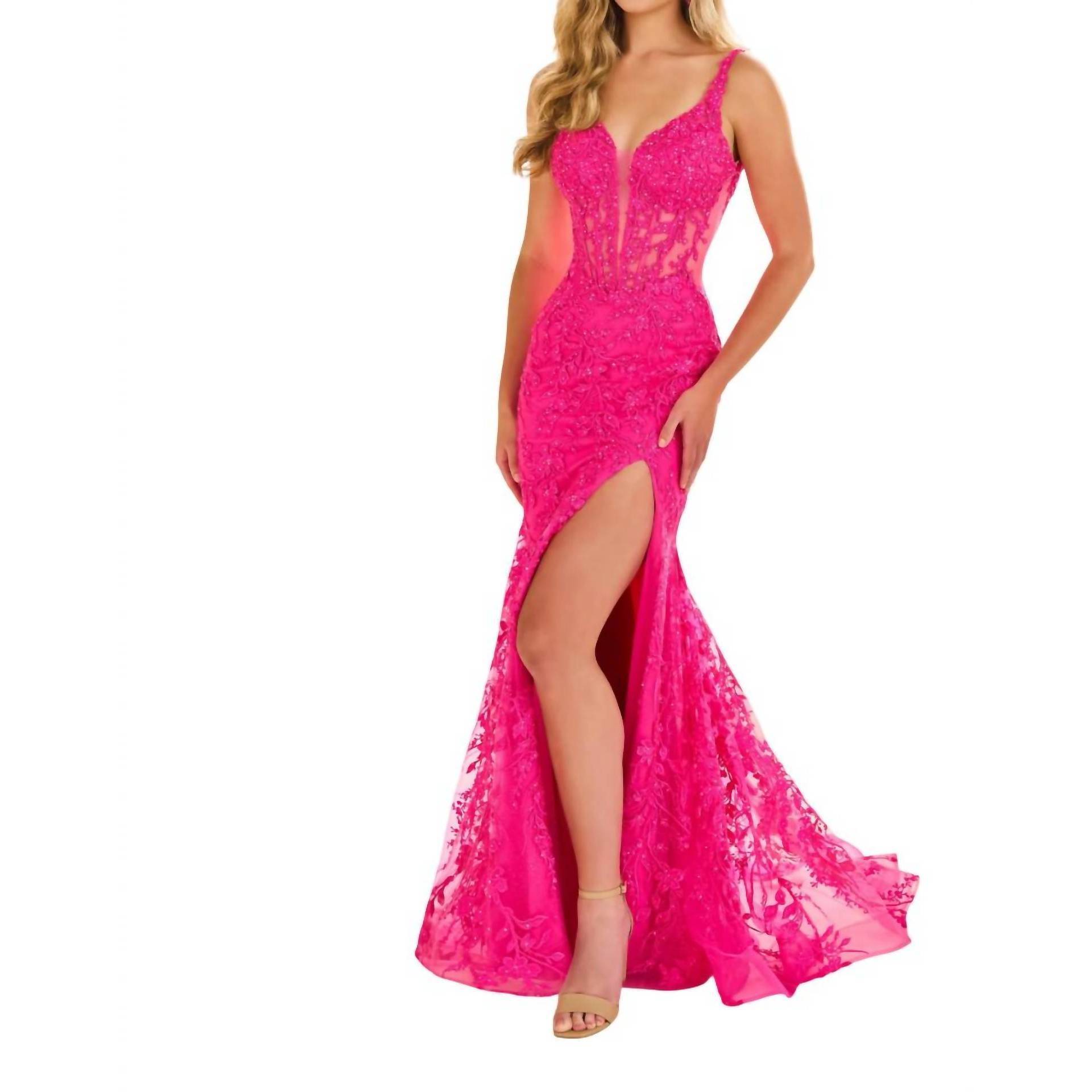 New Ellie Wilde Embroidered Tulle Lace Mermaid Prom Dress In Hot Pink